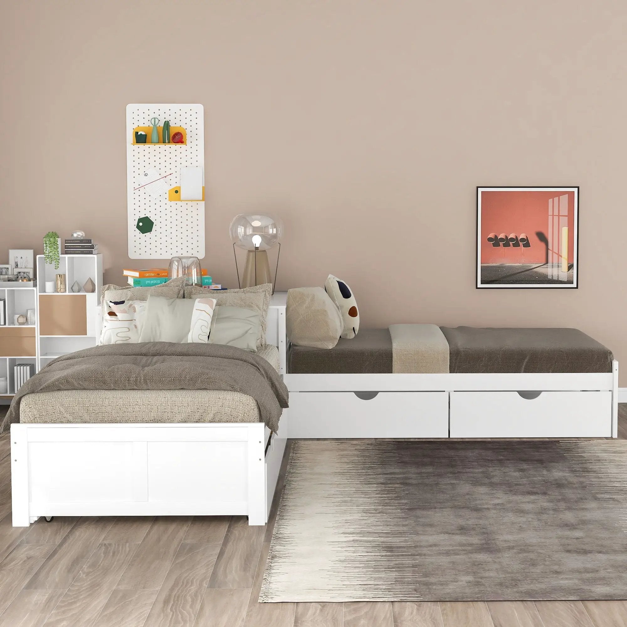 L Shaped Platform Bed With Trundle And Drawers Linked With Built In Desk by Unique Piece Furniture