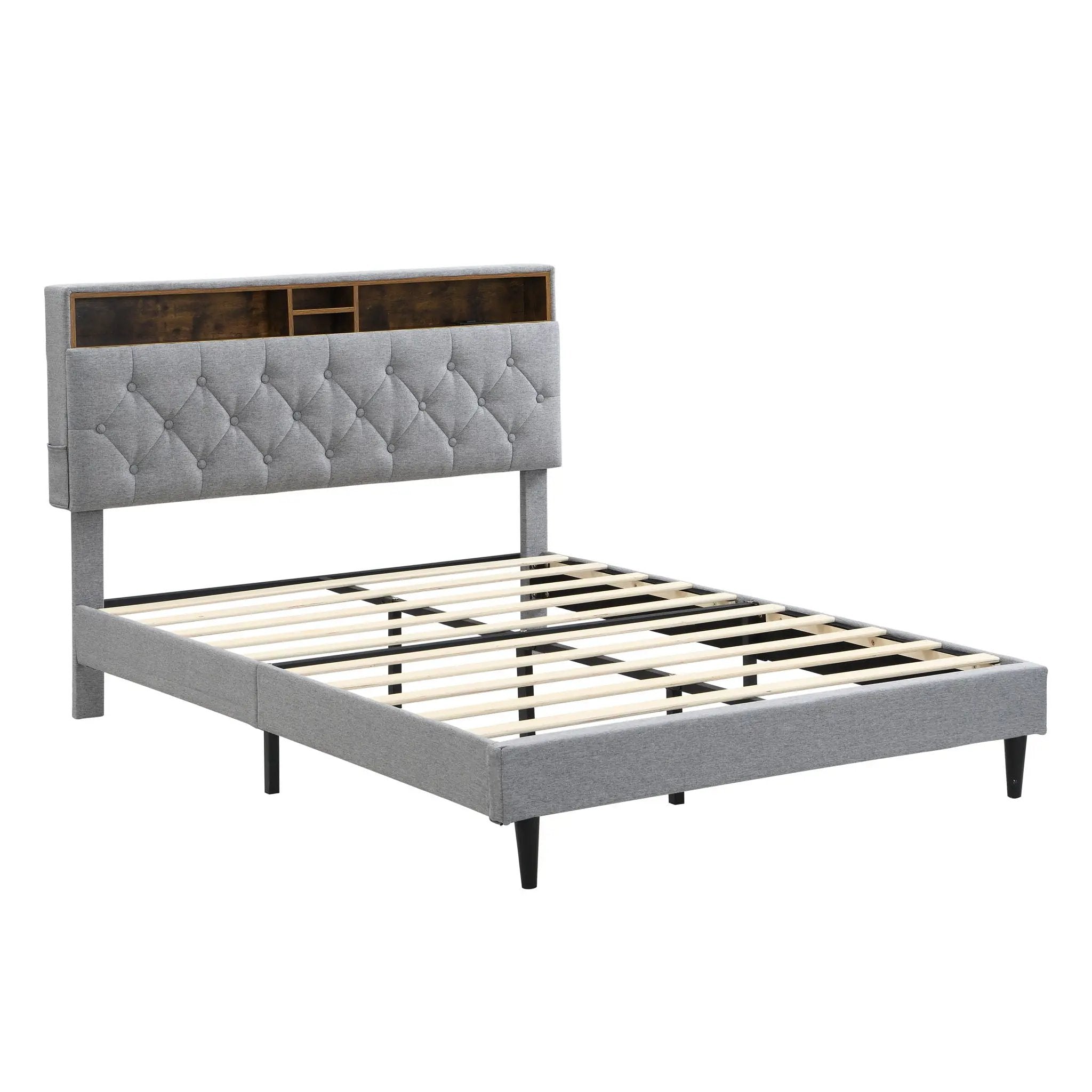 Modern Upholstered Platform Bed Frame With Button Tufted Headboard And USB Ports by HouseOfZazla