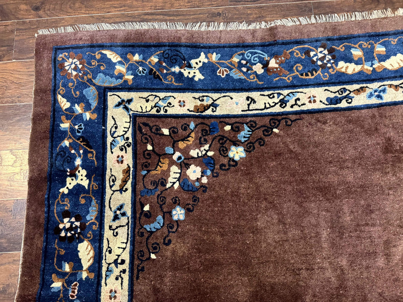 Antique Chinese Wool Rug 9x11, Large Chinese Art Deco Rug, Peking Rug, Brown and Blue, Open Field, Fete Rug by Jewel Rugs