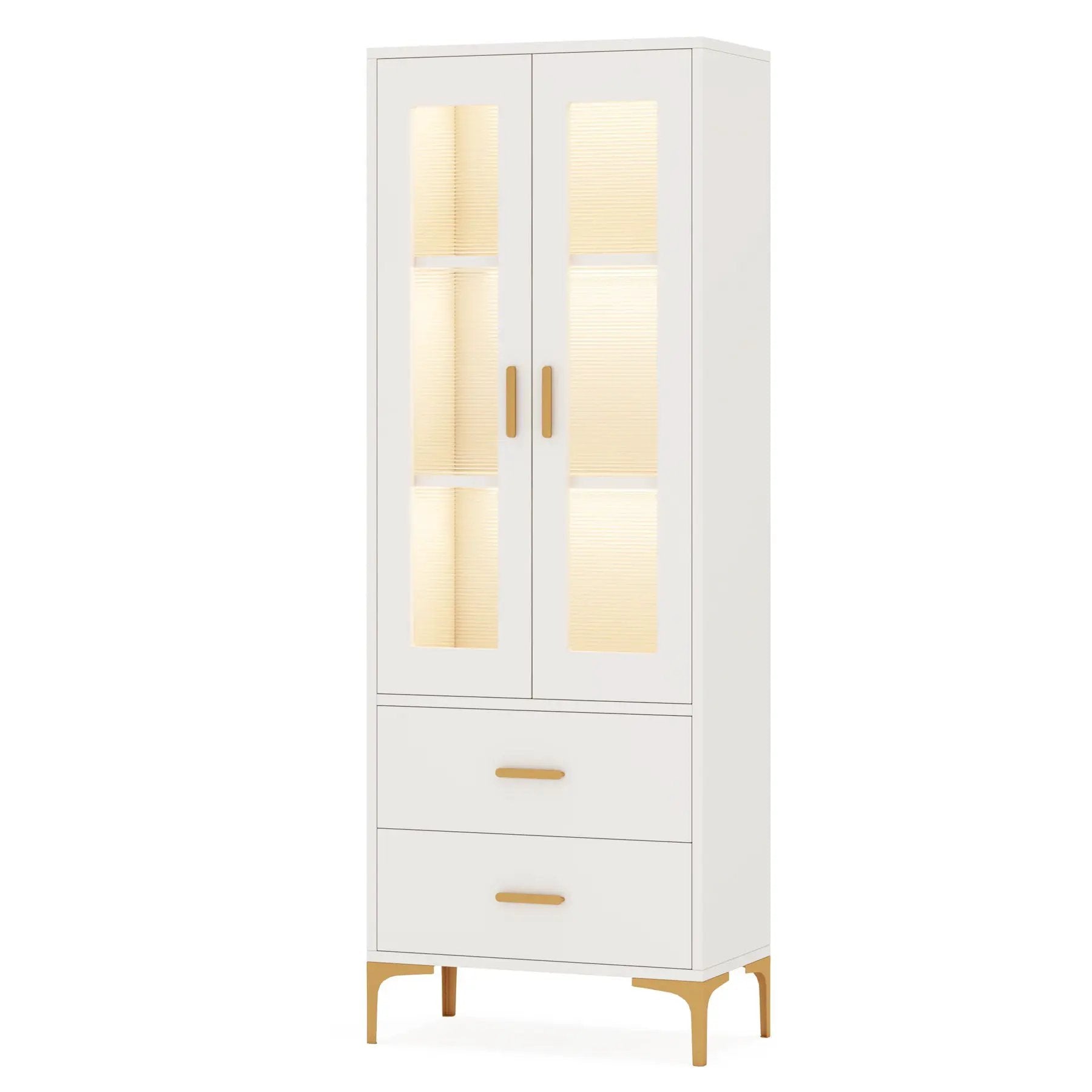 Bookcase With Doors, Drawers & RGB LED Light Tall Storage Cabinet For Living Room - White by HouseOfZazla