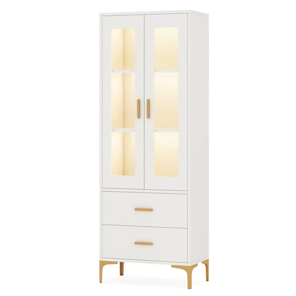 Bookcase With Doors, Drawers & RGB LED Light Tall Storage Cabinet For Living Room - White