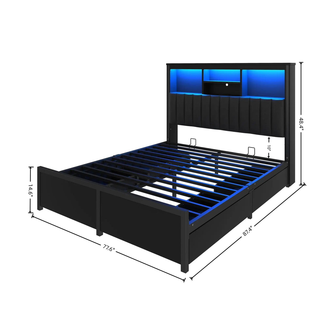 Bed Frame With High Storage Headboard, LED Light And Charging Station, 4 Storage Drawers by Unique Piece Furniture