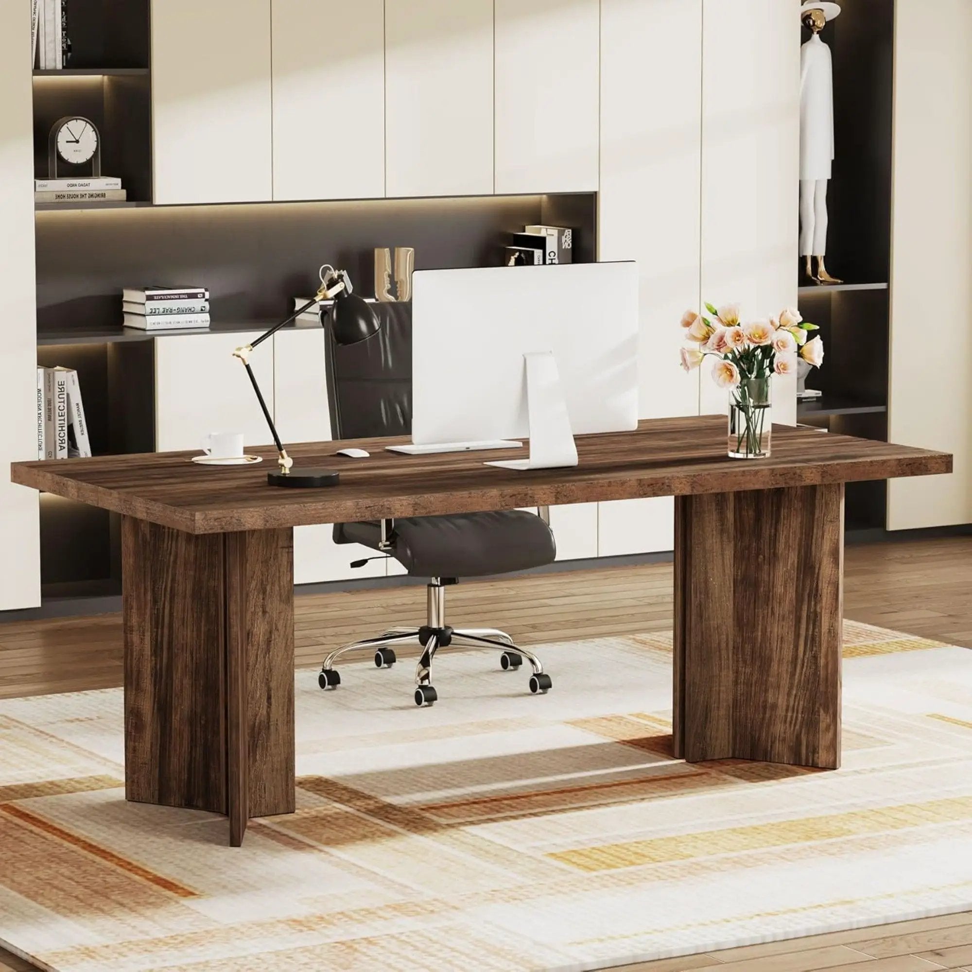 Executive Desk, Vintage Computer Workstation With Thickened Tabletop
