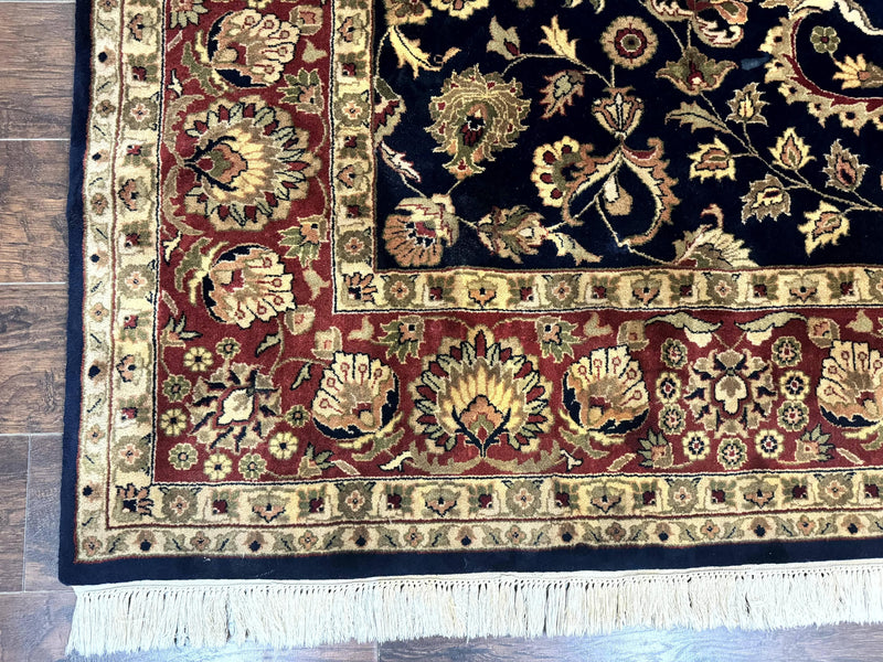 Indo Persian Rug 8x10, Navy Blue and Red, Floral Allover, Hand Knotted Vintage Wool Carpet, Indo Sarouk by Jewel Rugs