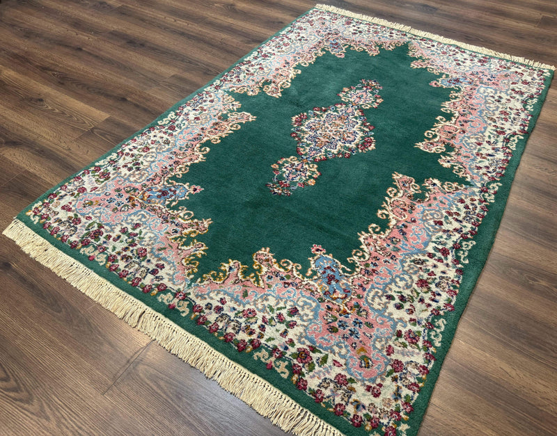 Persian Kerman Rug 4x6, Green Ivory Pink, Wool Vintage, Semi Open Field by Jewel Rugs