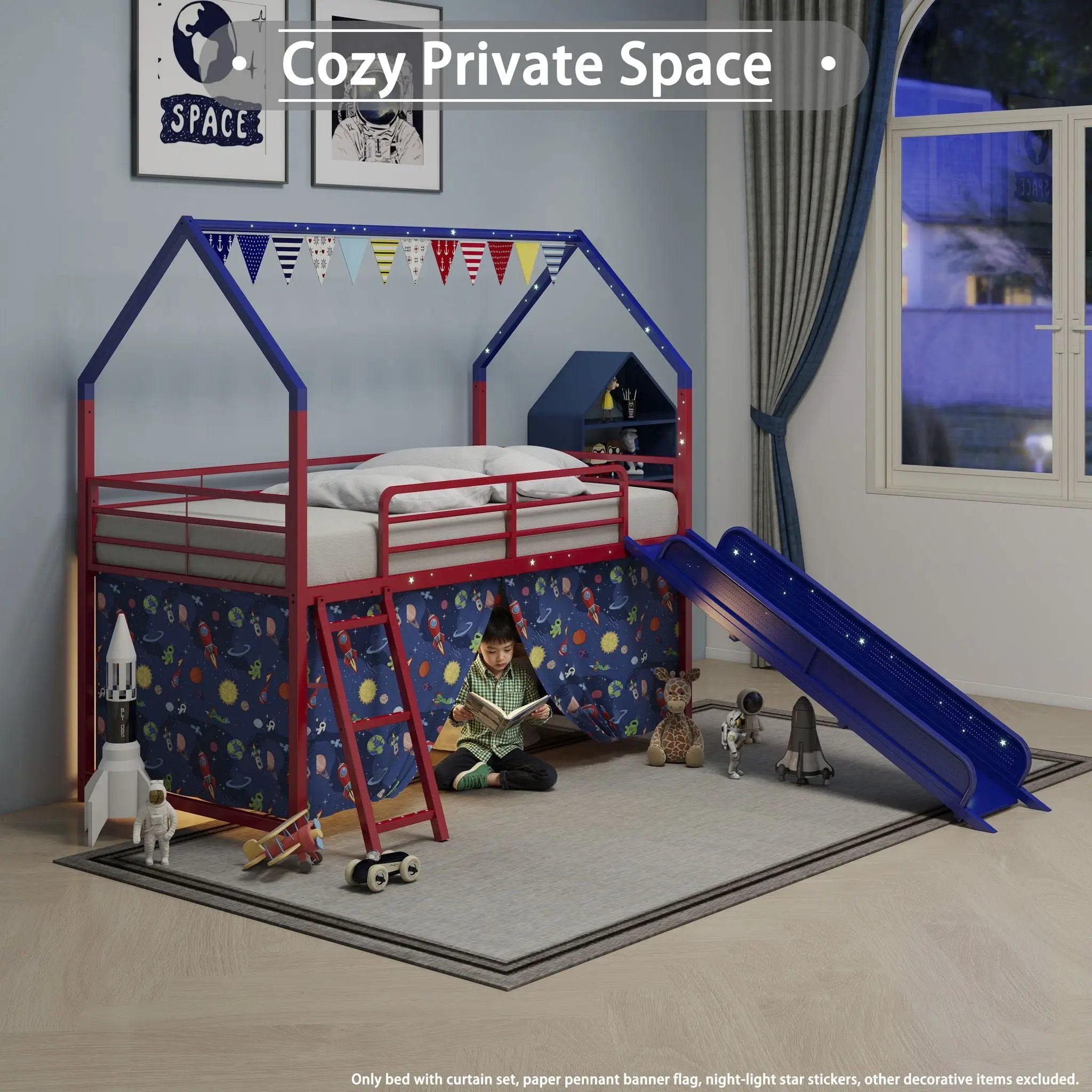 Jack - House Loft Bed With Slide And Curtain Set by HouseOfZazla