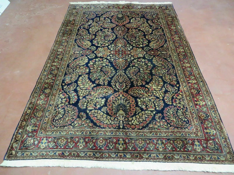 Antique Persian Sarouk Rug 4x6, Hand Knotted 1920s Oriental Carpet 4 x 6 ft, Navy Blue and Red Wool Rug, Handmade Floral Allover Persian Area Rug by Jewel Rugs