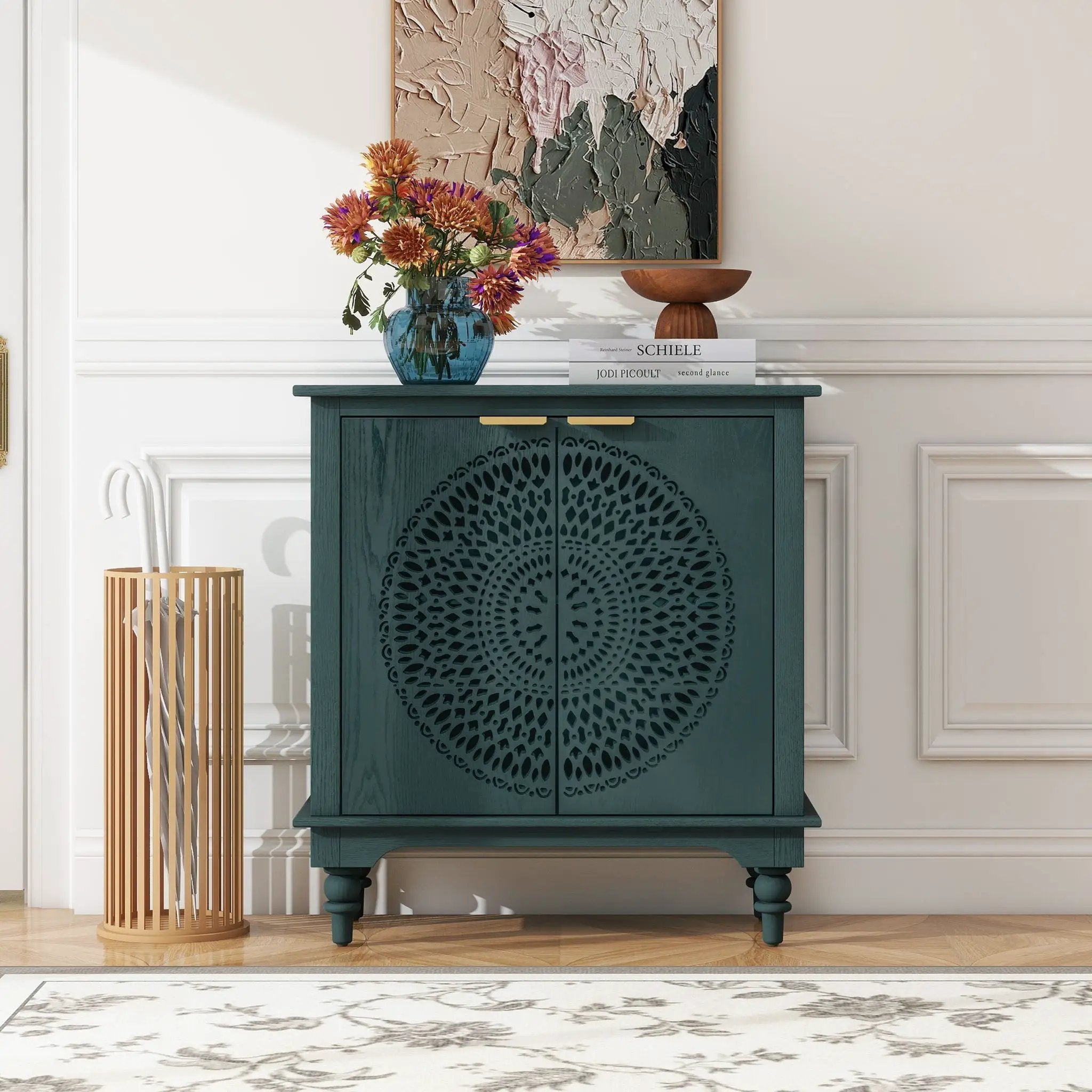Hollow Carved 2 Door Accent Cabinet With Adjustable Shelf, Sideboard Buffet For Entryway, Living Room Or Bedroom - Blackish Green by Unique Piece Furniture