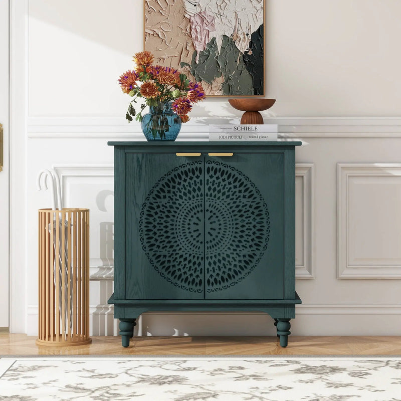 Hollow Carved 2 Door Accent Cabinet With Adjustable Shelf, Sideboard Buffet For Entryway, Living Room Or Bedroom - Blackish Green by Unique Piece Furniture
