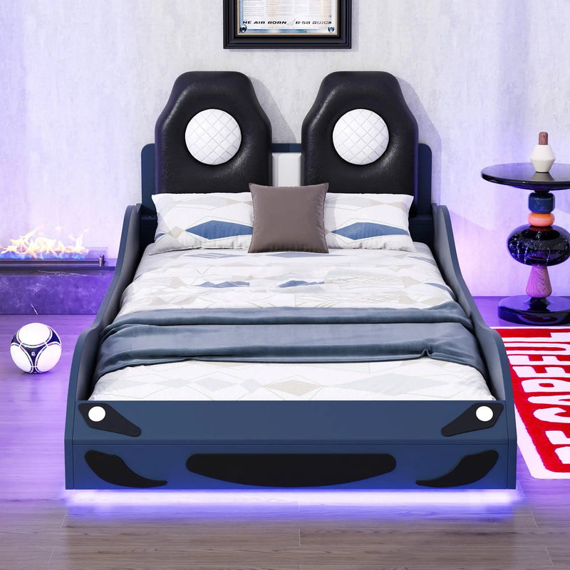 Race Car Shaped Platform Bed With LED And Upholstered Backrest In by Unique Piece Furniture