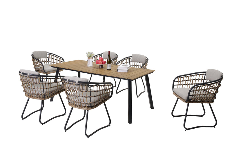 7-Piece Outdoor Wicker Dining Set with Wood-Plastic Composite Board Table by HouseOfZazla