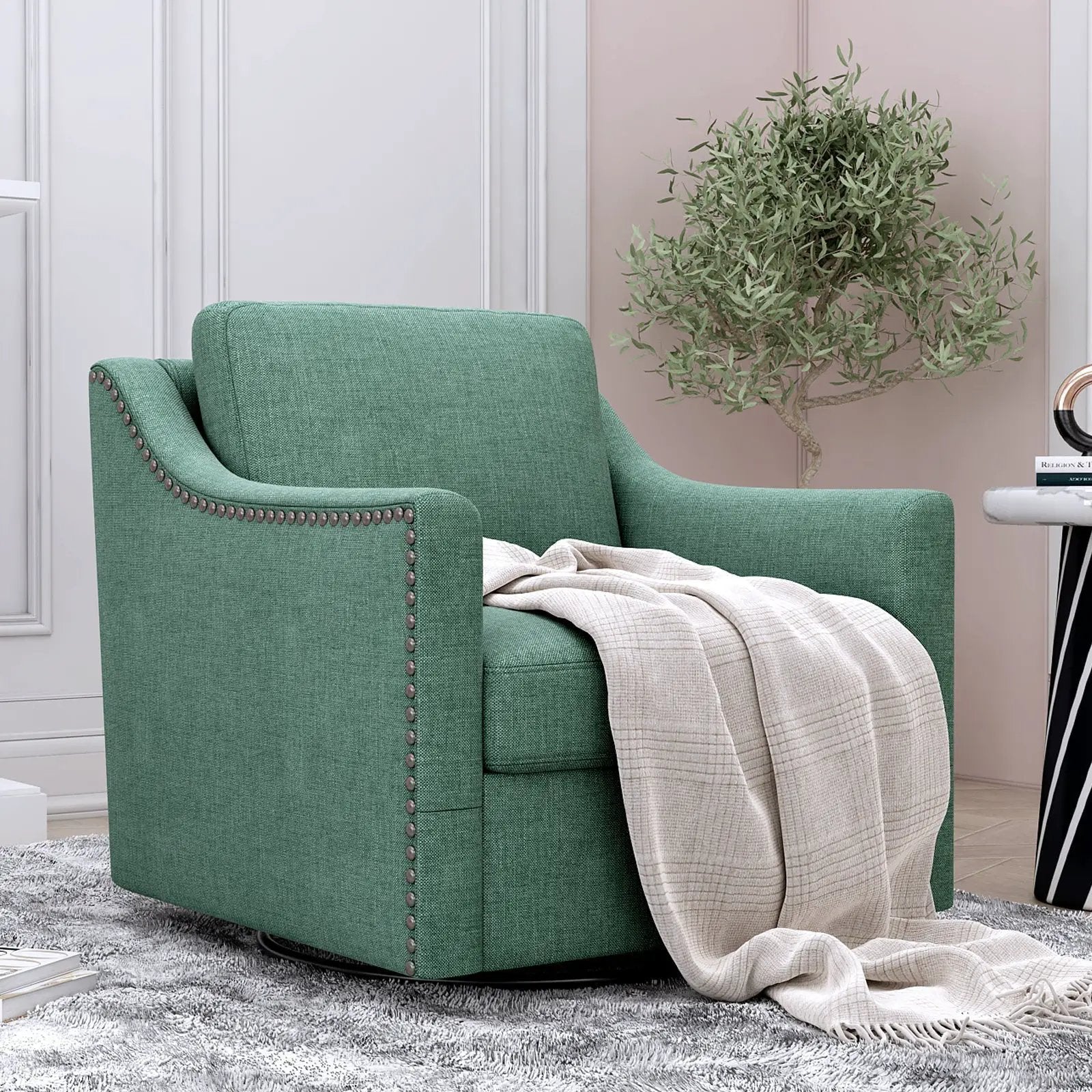 360 Degree Swivel Armchair Cotton Linen Fabric with Brass Nail Detailing by HouseOfZazla