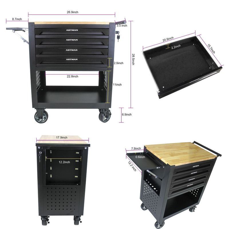 4 Drawers Multifunctional Tool Cart With Wheels And Wooden Top by HouseOfZazla