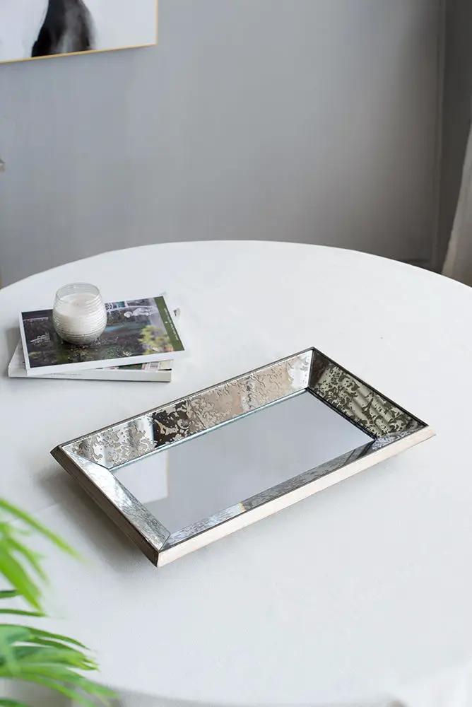 Antique Rectangle Mirror With Floral Accents, Mirrored Display Tray, Hanging Wall Mirror by Unique Piece Furniture
