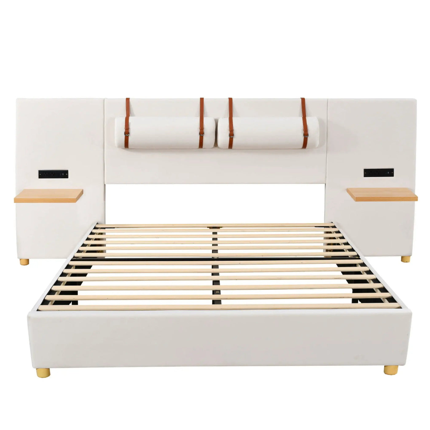 Upholstered Platform Bed, 2 Outlets And USB Charging Ports On Both Sides, 2 Bedside Pillows, Storage Shelves by Unique Piece Furniture