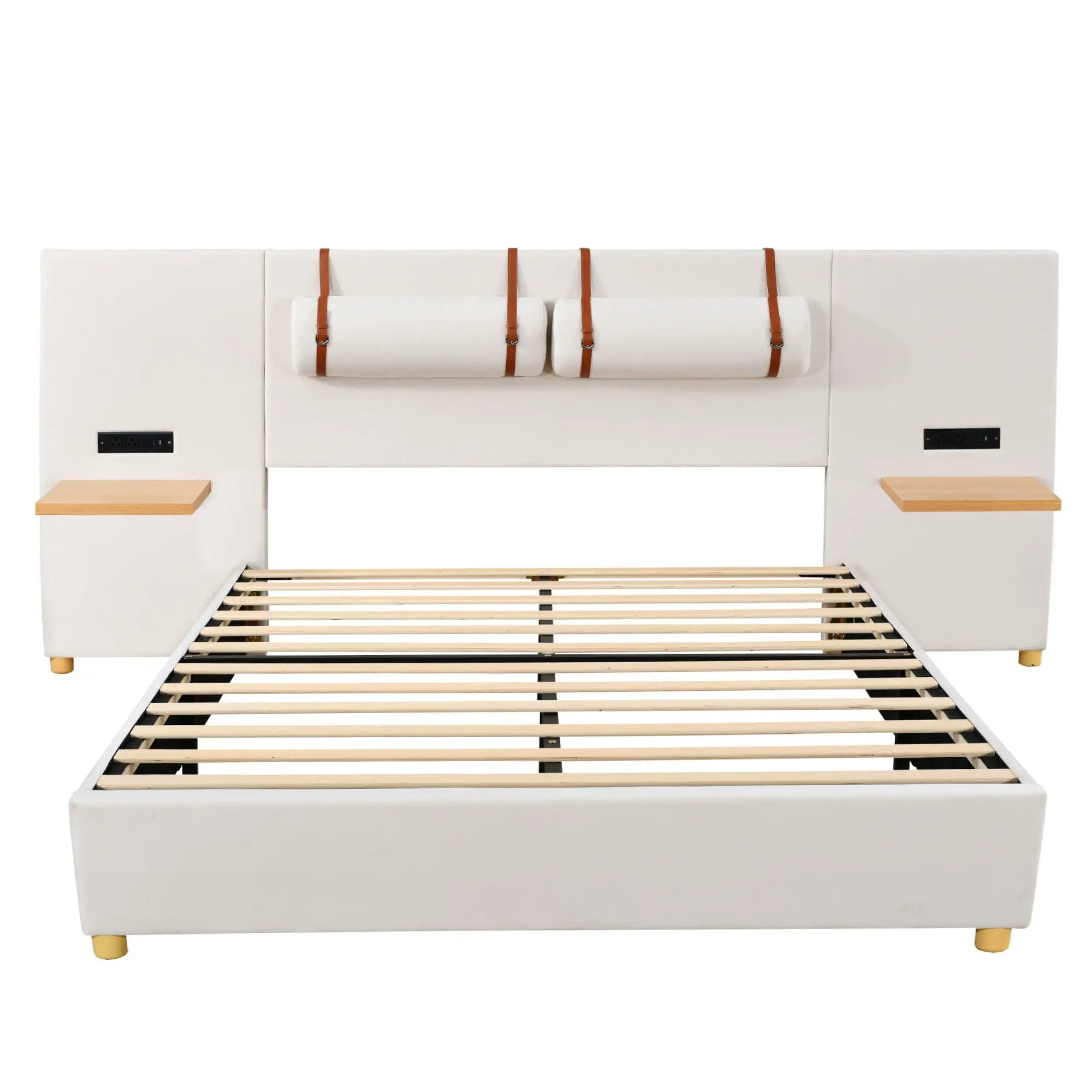 Upholstered Platform Bed, 2 Outlets And USB Charging Ports On Both Sides, 2 Bedside Pillows, Storage Shelves by Unique Piece Furniture
