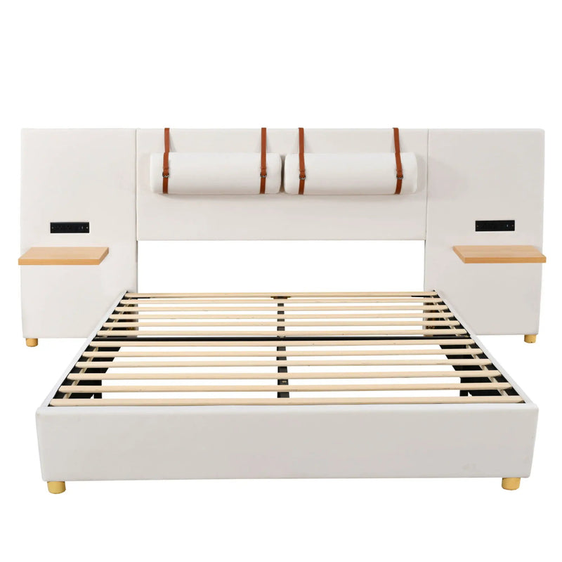 Upholstered Platform Bed, 2 Outlets And USB Charging Ports On Both Sides, 2 Bedside Pillows, Storage Shelves by Unique Piece Furniture