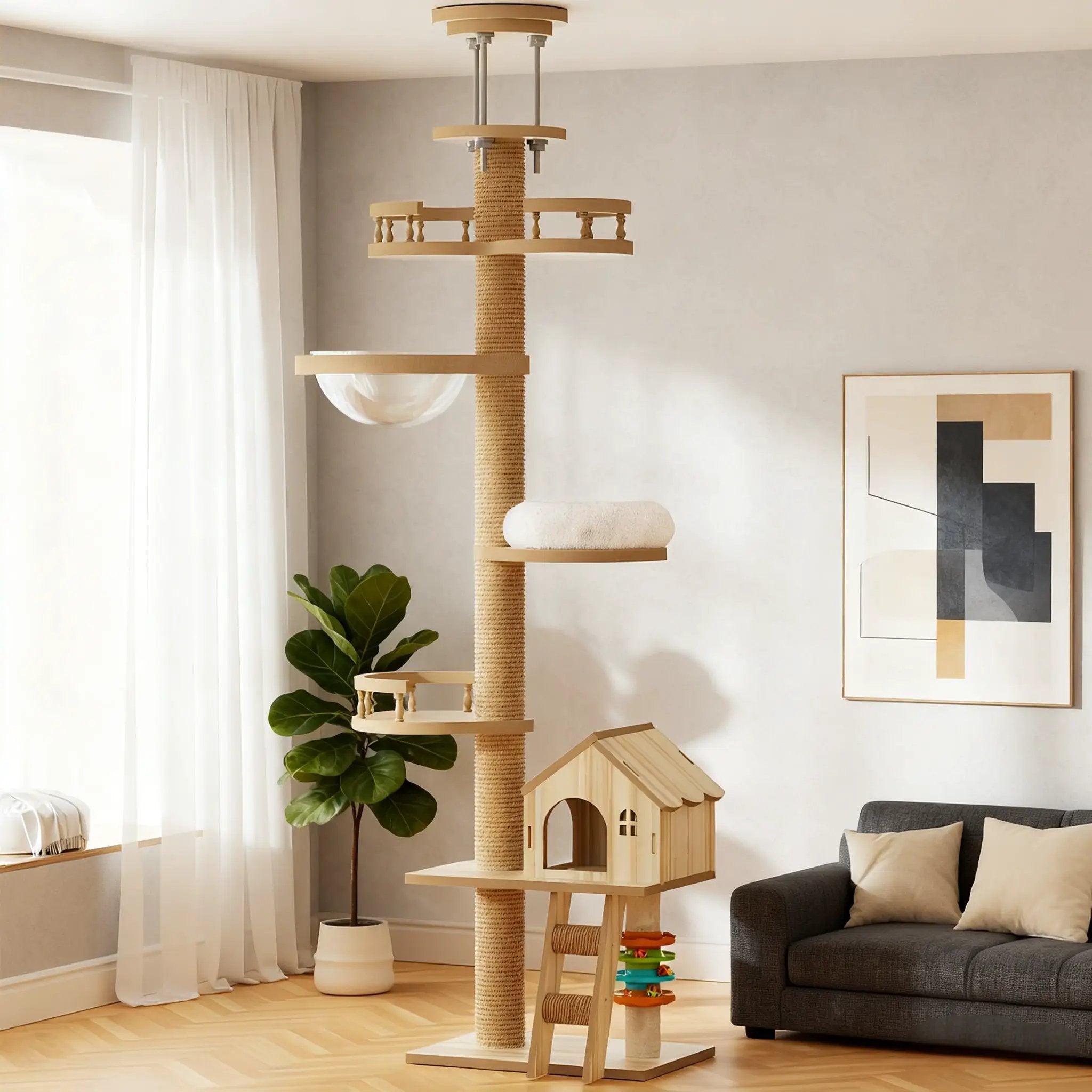 Floor to Ceiling Cat Tree with Adjustable Height and Condo Cave Bed by HouseOfZazla