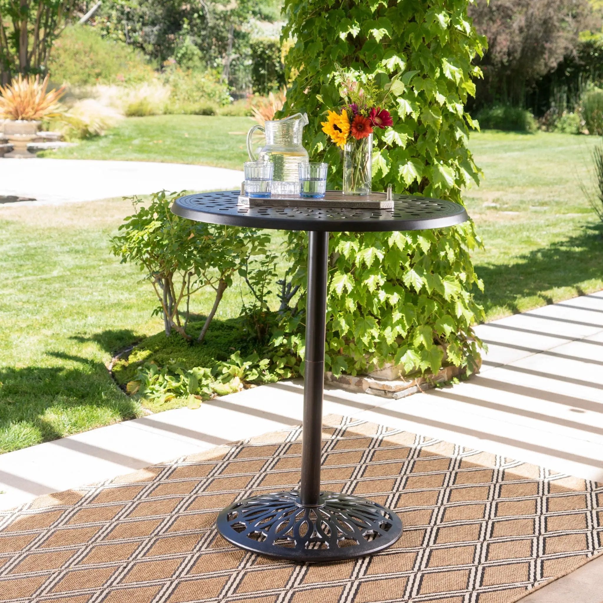 Elegant Cast Aluminum Round Bar Table With Romantic Filigree Design - Copper by HouseOfZazla