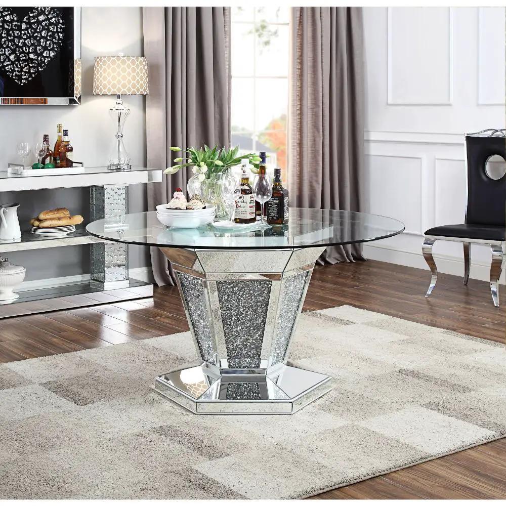 Noralie - Dining Table - Mirrored, Faux Diamonds & Clear Glass Top by Unique Piece Furniture