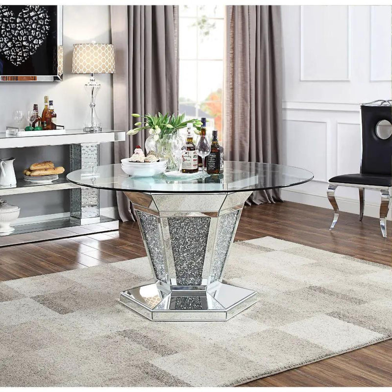 Noralie - Dining Table - Mirrored, Faux Diamonds & Clear Glass Top by Unique Piece Furniture