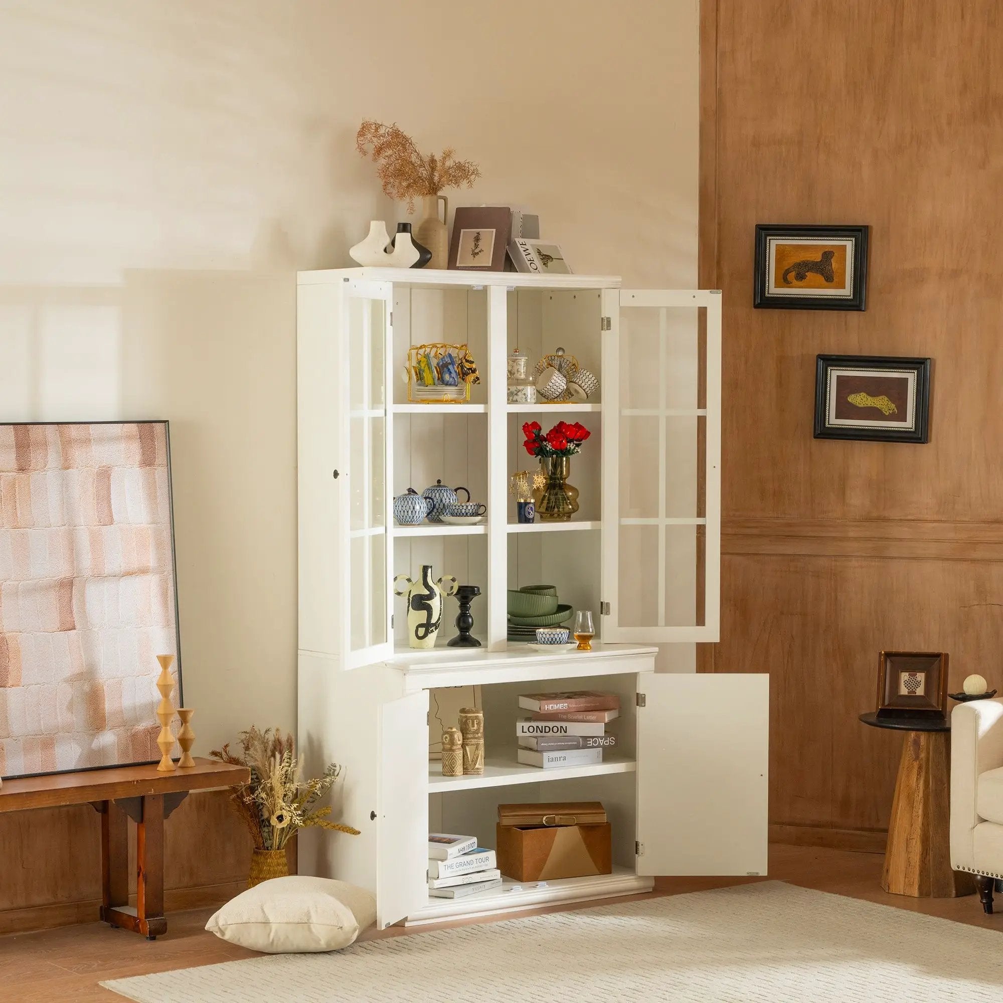 Retro Style Hutch Cabinet With Glass Door, China Cabinet For Home by Unique Piece Furniture