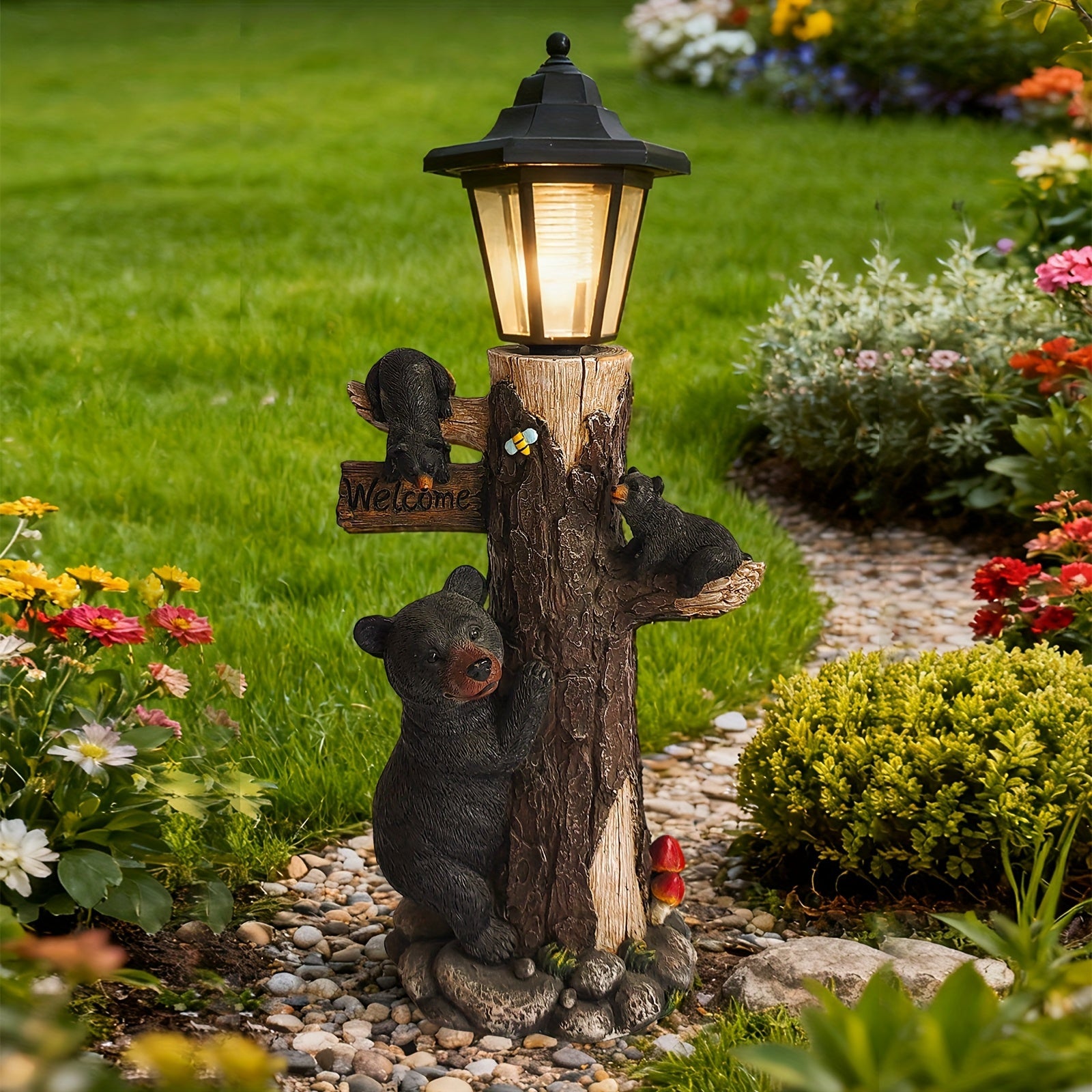 Black Bear Statue Welcome Sign Garden Statue with Solar Light by HouseOfZazla