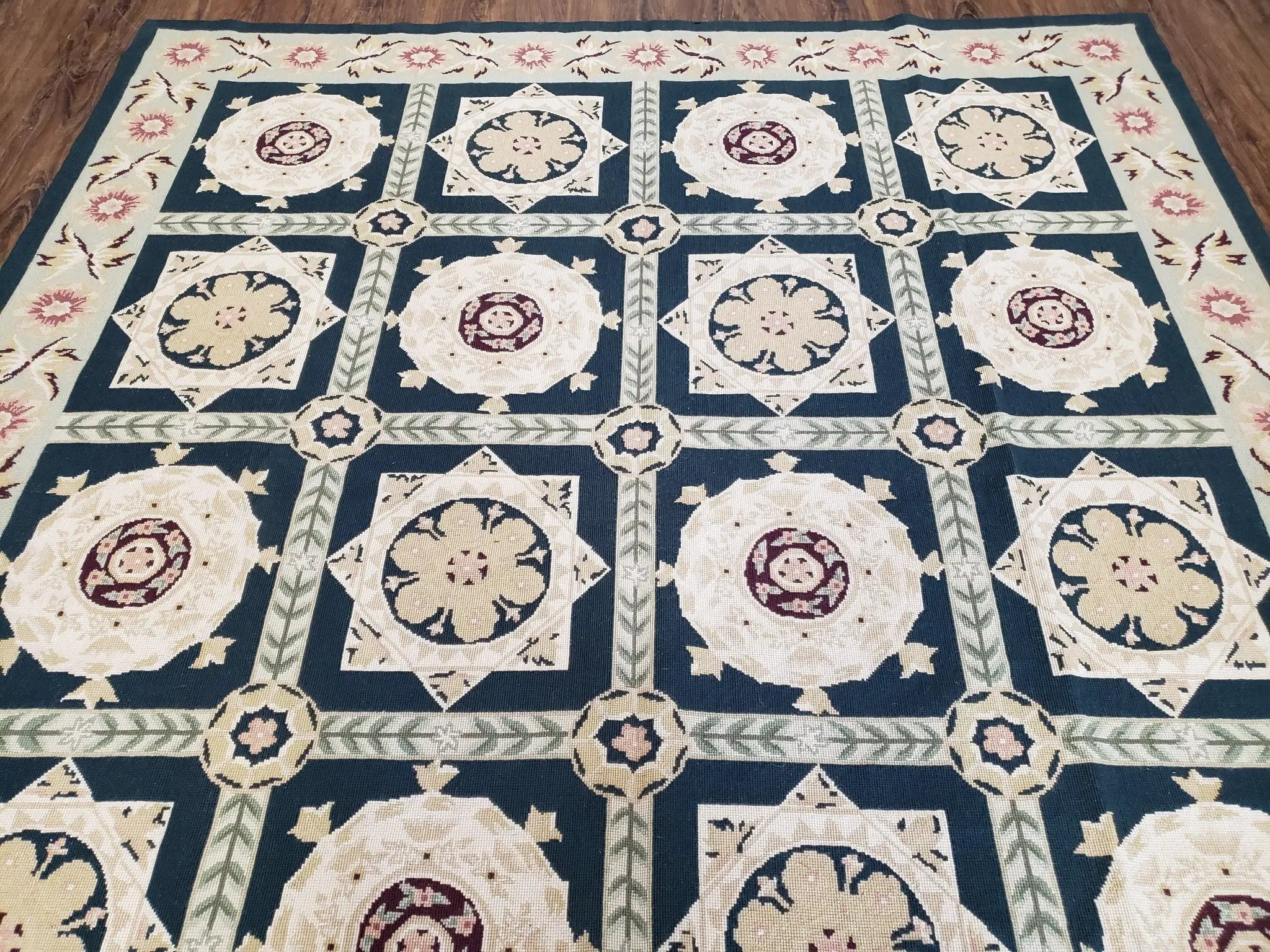 Vintage Chinese Needlepoint Rug 6x9, Panel Design Area Rug Wool Hand-Woven Black & Ivory Carpet Flat Weave Bedroom Rug 6 x 9 Living Room Rug by Jewel Rugs