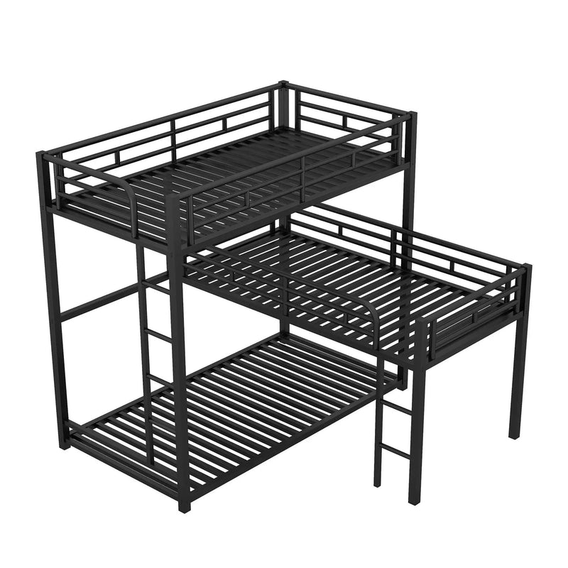 L-Shaped Triple Twin Size Bunk Bed, Industrial Design With Integrated Ladder And Full Length Guardrails - Black by HouseOfZazla