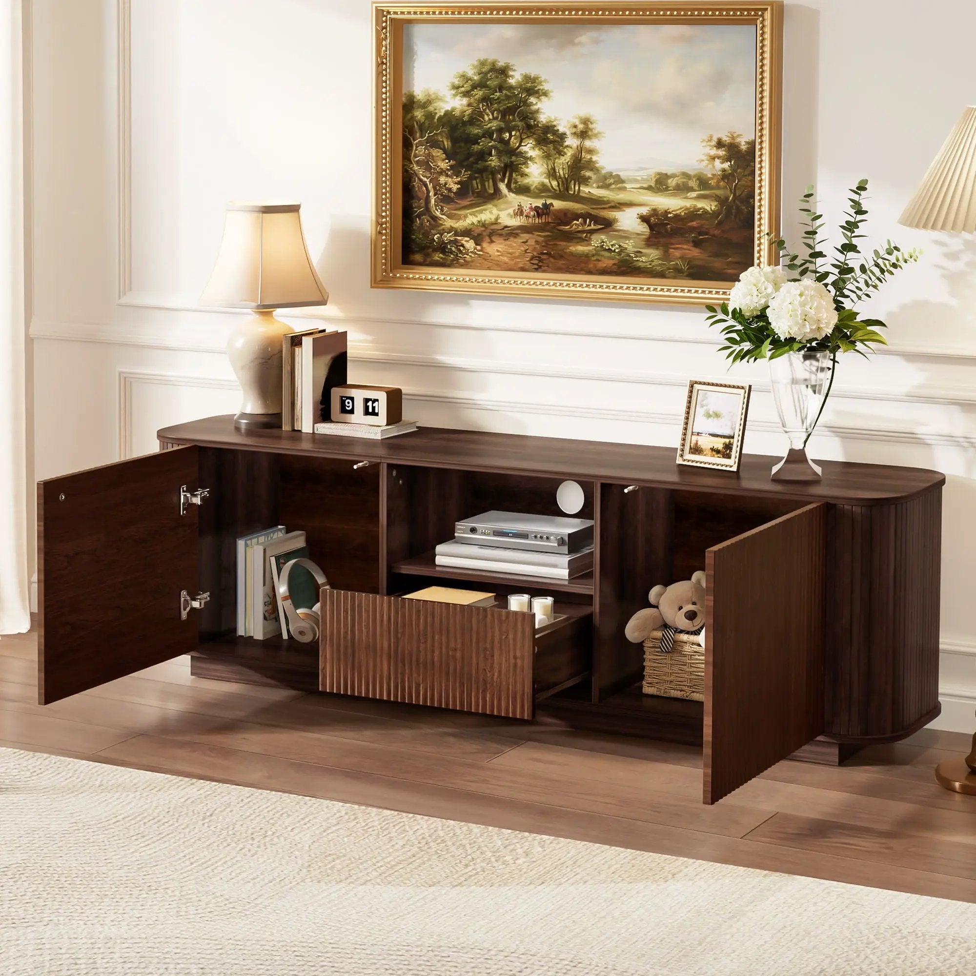 70" TV Stand With Ample Storage, Curved Corners - Dark Brown by Unique Piece Furniture