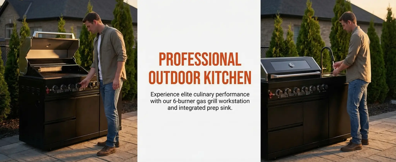 63" 6-Burner 85000 BTU Black Outdoor Kitchen Island Grill + Marble Countertops + Sink by Chery Industrial