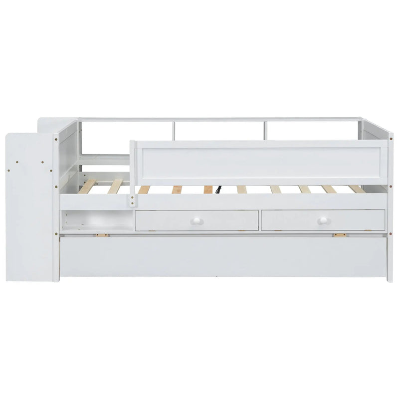 Twin Daybed With Drawers, Trundle, Headboard Storage, Study Desk, And USB Charging Station - White by HouseOfZazla