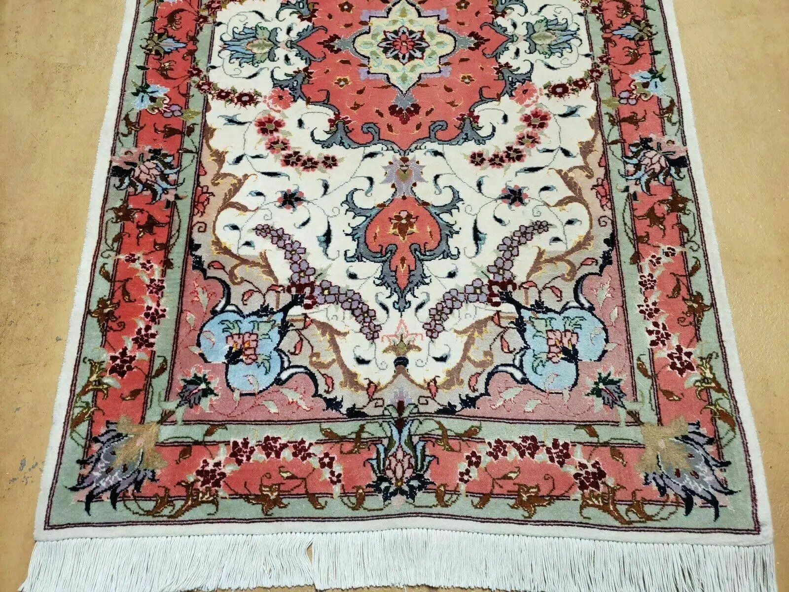Small Vintage Persian Tabriz Wool and Silk Rug 2.5 x 4 ft, Very Finely Hand Knotted, Medallion, Ivory Salmon Light Blue, Top Quality, Pair A by Jewel Rugs