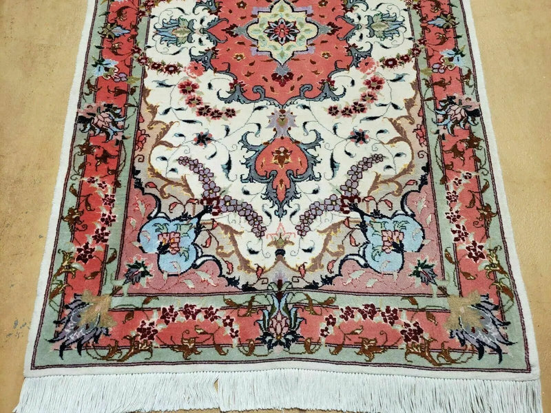 Small Vintage Persian Tabriz Wool and Silk Rug 2.5 x 4 ft, Very Finely Hand Knotted, Medallion, Ivory Salmon Light Blue, Top Quality, Pair A by Jewel Rugs