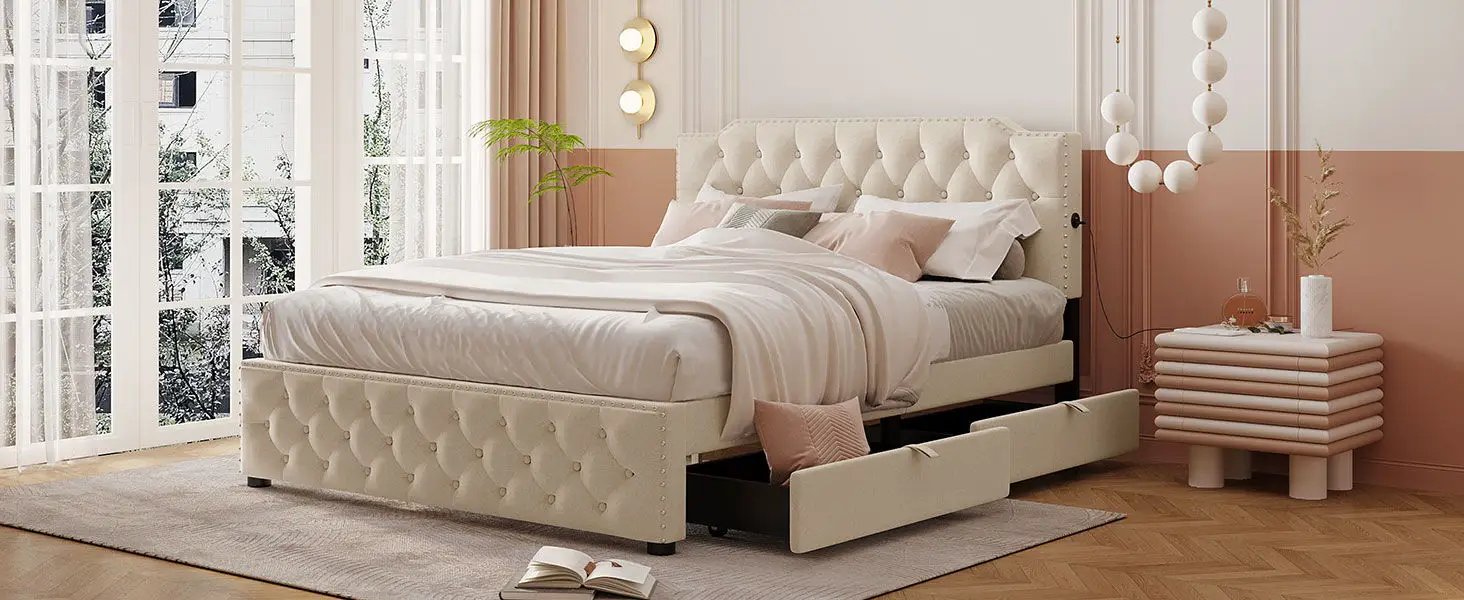 Upholstered Platform Bed With 2 Drawers And 2 Sets Of USB Ports On Each Side, Fabric by HouseOfZazla