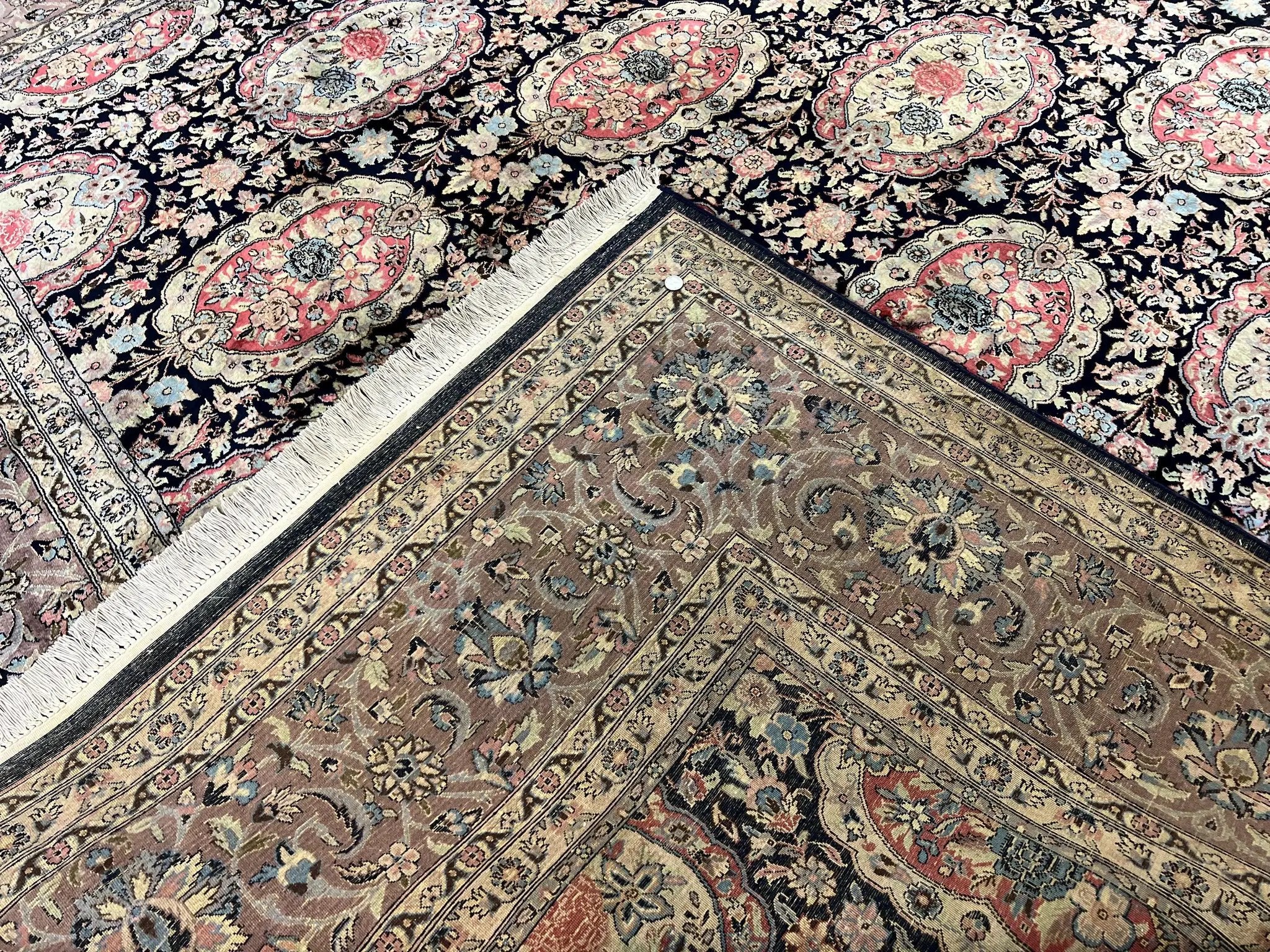 Sino Persian Rug 9x12, Navy Blue and Pink Hand Knotted Wool and Silk Highlights Vintage Oriental Carpet, Handmade Floral Area Rug 9 x 12 ft by Jewel Rugs
