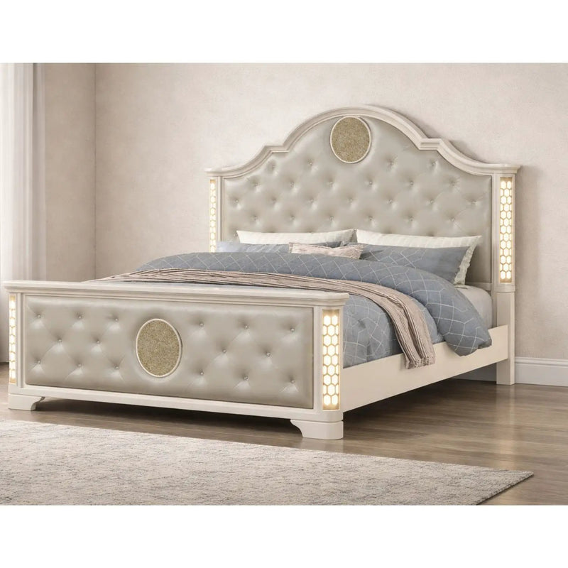 Jasmine - Queen Size Tufted Upholstery & LED Bed - Beige by HouseOfZazla