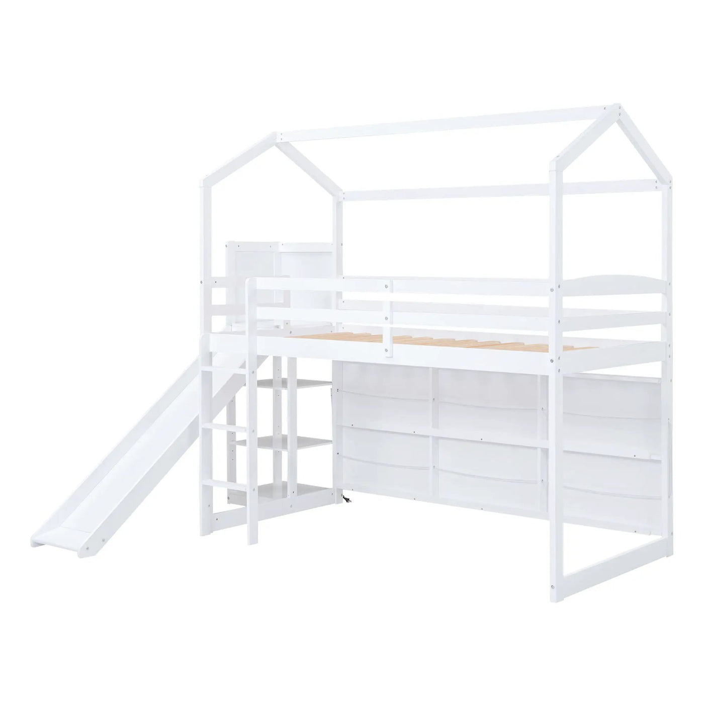 House Loft Bed With Slide, Storage Shelves And Light, Climbing Ramp by HouseOfZazla