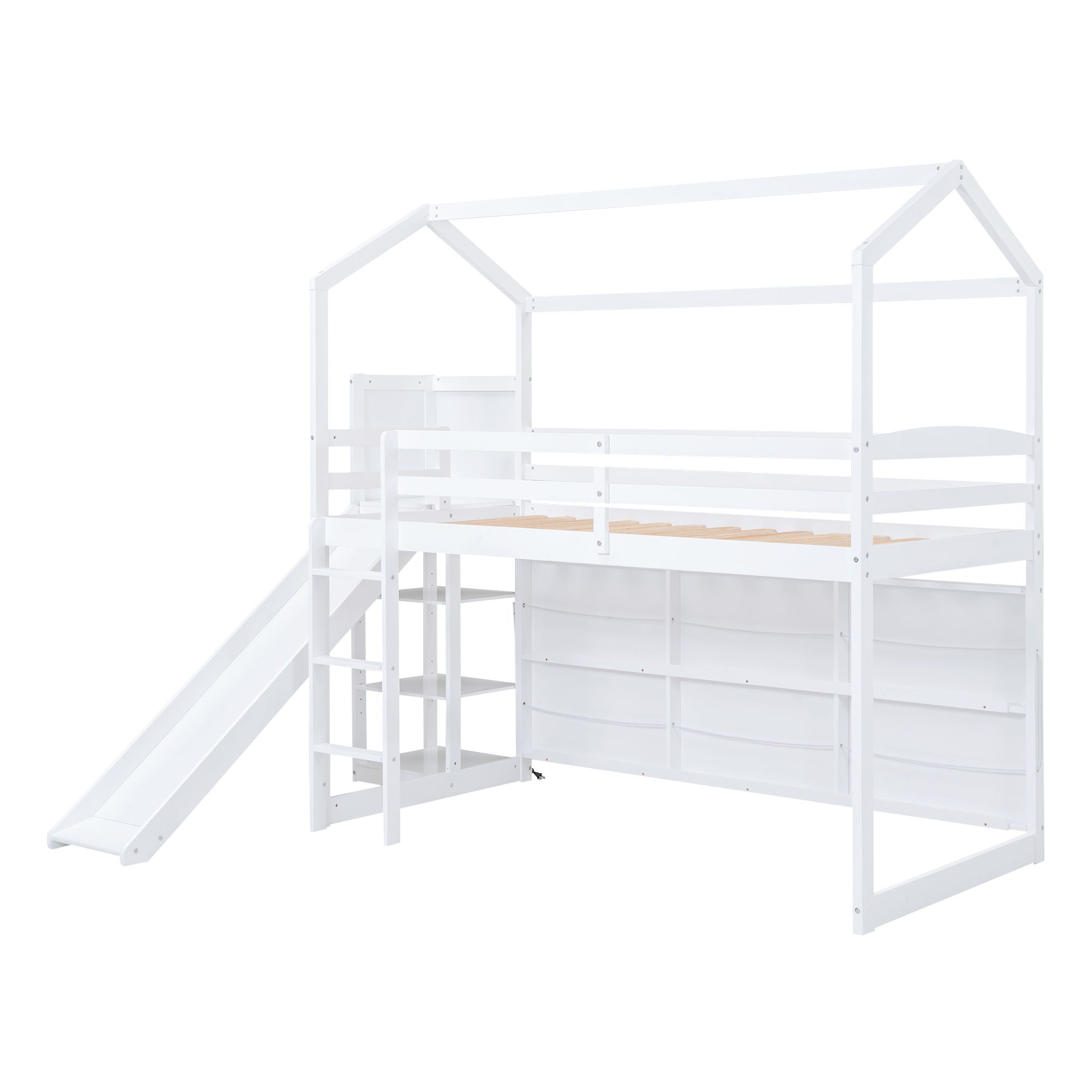 House Loft Bed With Slide, Storage Shelves And Light, Climbing Ramp by Unique Piece Furniture