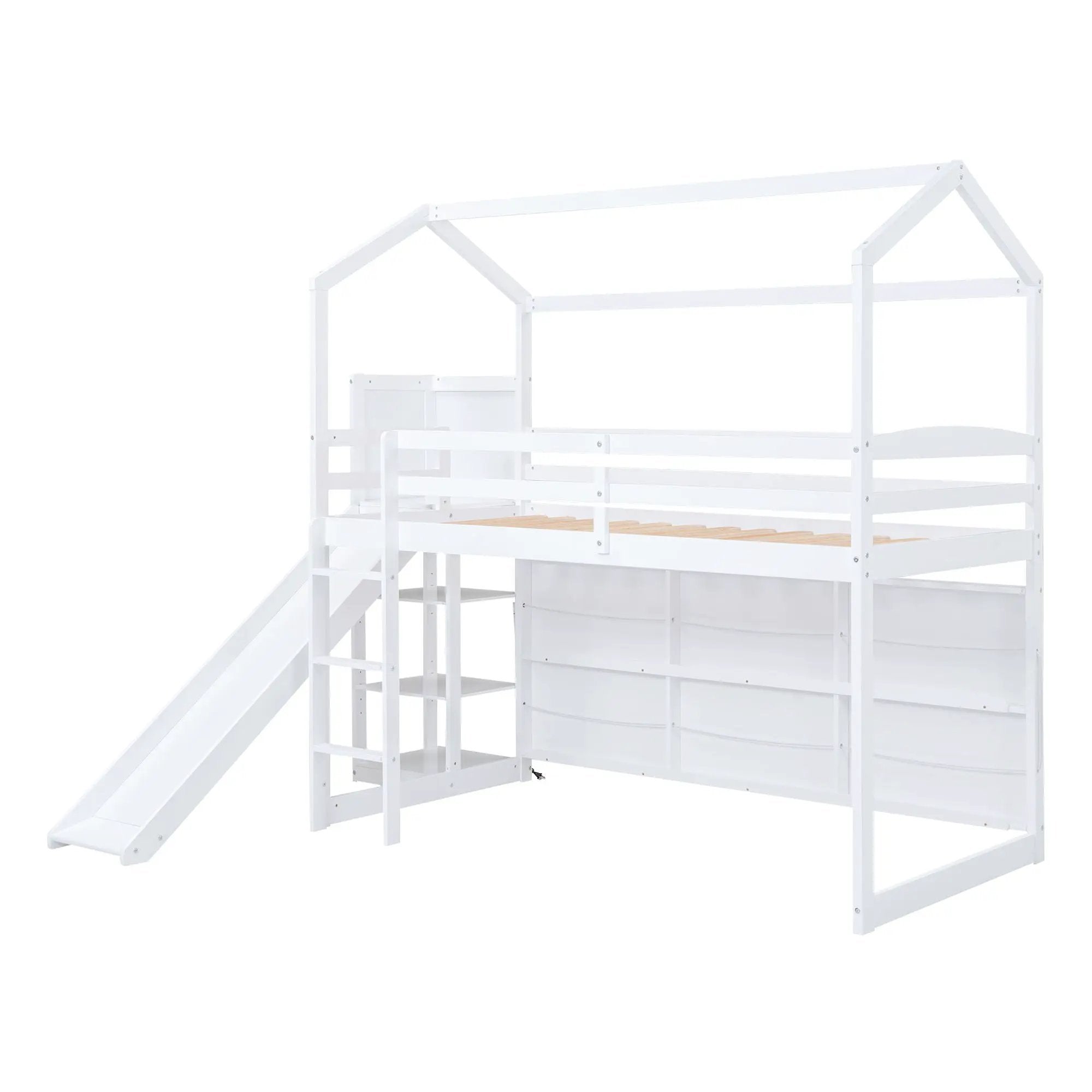 House Loft Bed With Slide, Storage Shelves And Light, Climbing Ramp by HouseOfZazla