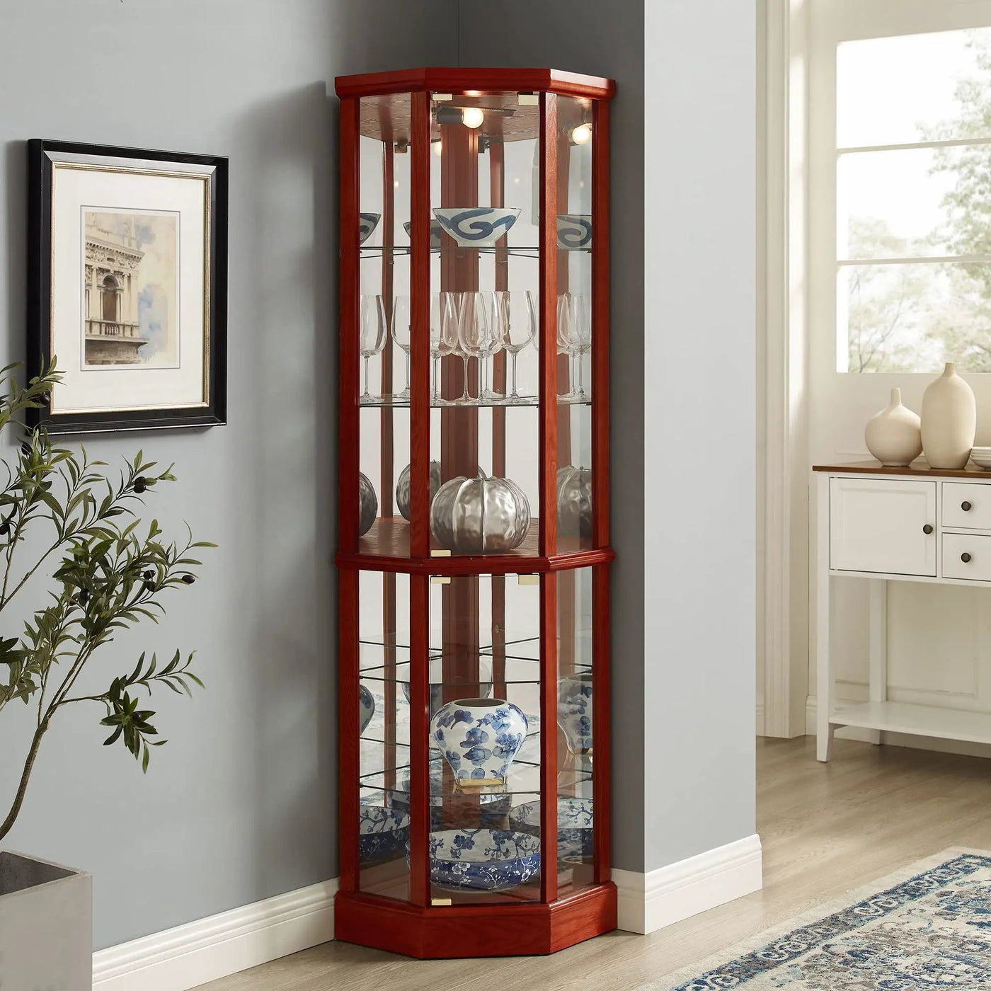 6 Shelf Lighted Corner Curio Cabinet With Adjustable Tempered Glass Shelves And Mirror Back (E26 Light Bulb Not Included) by Unique Piece Furniture