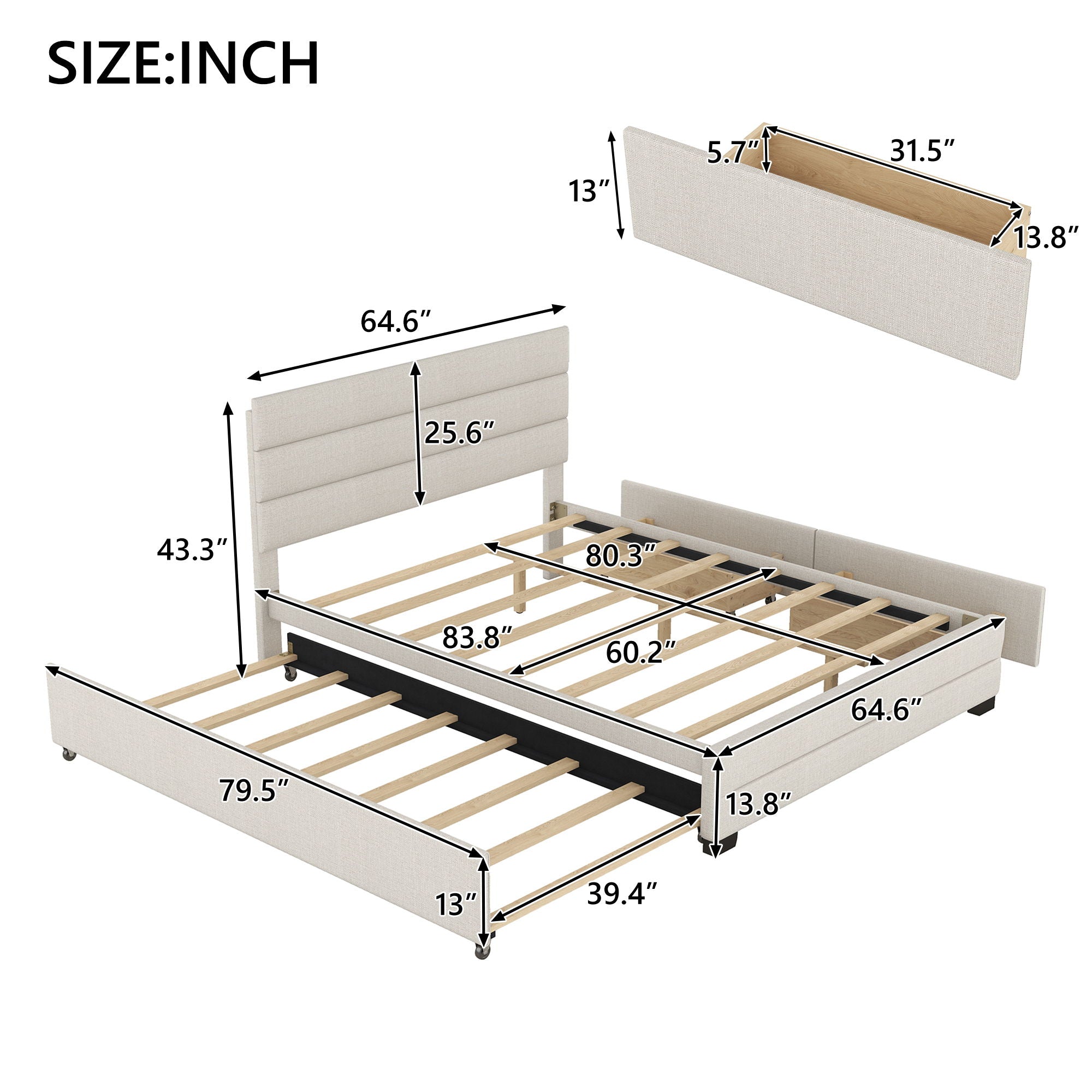 Queen Platform Bed With Twin Trundle And 2 Storage Drawers - Beige by Unique Piece Furniture