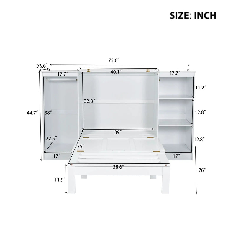 Twin Size Murphy Bed With Bedside Shelves And Wardrobe - White by Unique Piece Furniture