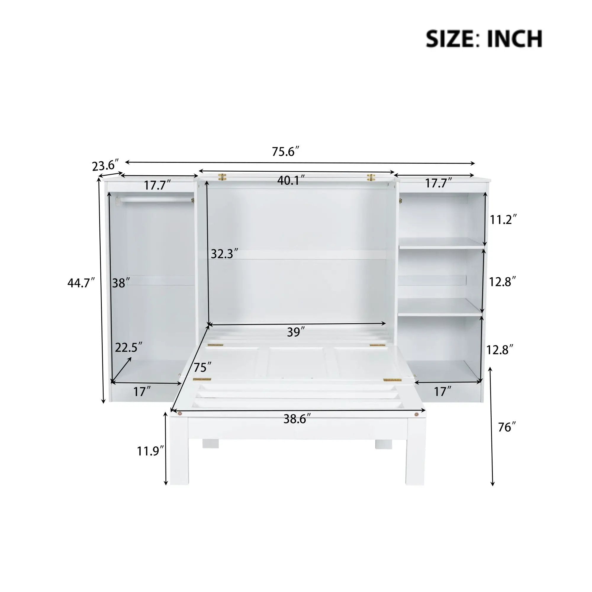Twin Size Murphy Bed With Bedside Shelves And Wardrobe - White