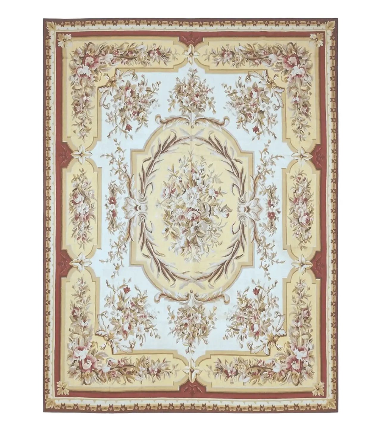 Aubusson Rug 9x12, Elegant Flatweave Savonnerie Carpet 9 x 12 ft, Ivory Light Yellow Red, Handmade Wool Flatweave French European Rug by Jewel Rugs