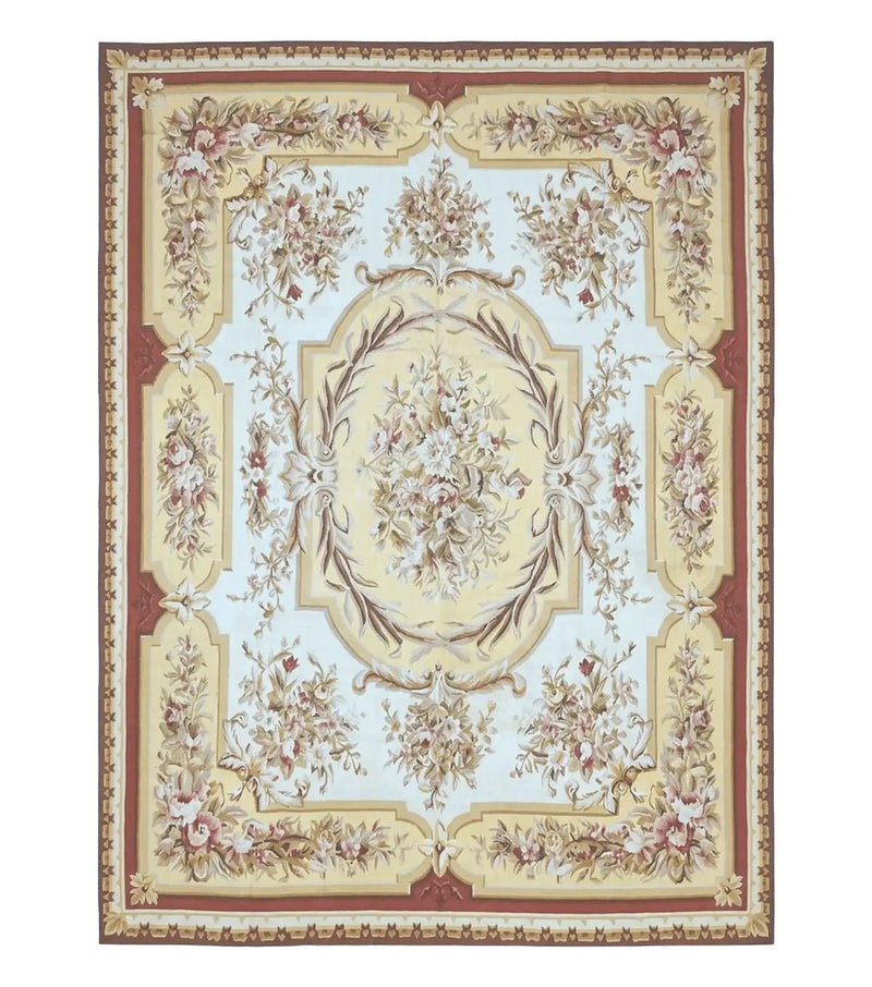 Aubusson Rug 9x12, Elegant Flatweave Savonnerie Carpet 9 x 12 ft, Ivory Light Yellow Red, Handmade Wool Flatweave French European Rug by Jewel Rugs