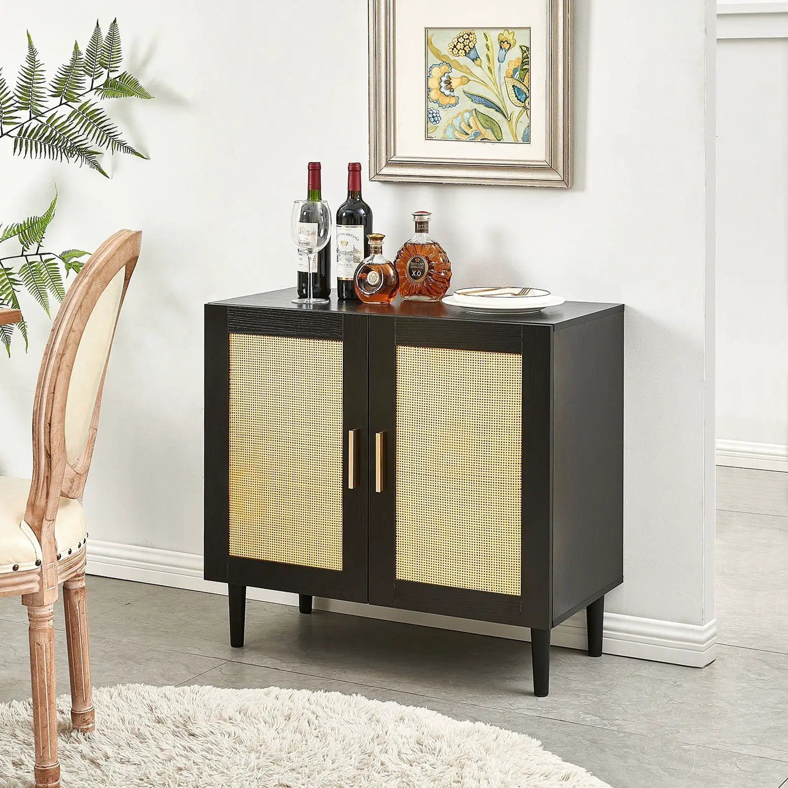 Side Panel Buffet Cabinet With Natural Rattan Door, Rattan Storage Cabinet With Adjustable Shelves, Side Panel And Buffet With Storage Space, Modern Console Cabinet In Bedroom And Living Room - Black / Beige by Unique Piece Furniture