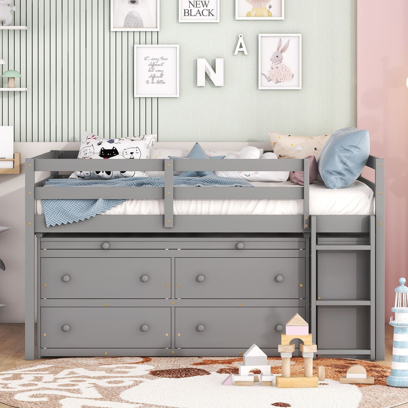 Loft Bed With Retractable Writing Desk And 4 Drawers, With Lateral Portable Desk And Shelves by Unique Piece Furniture