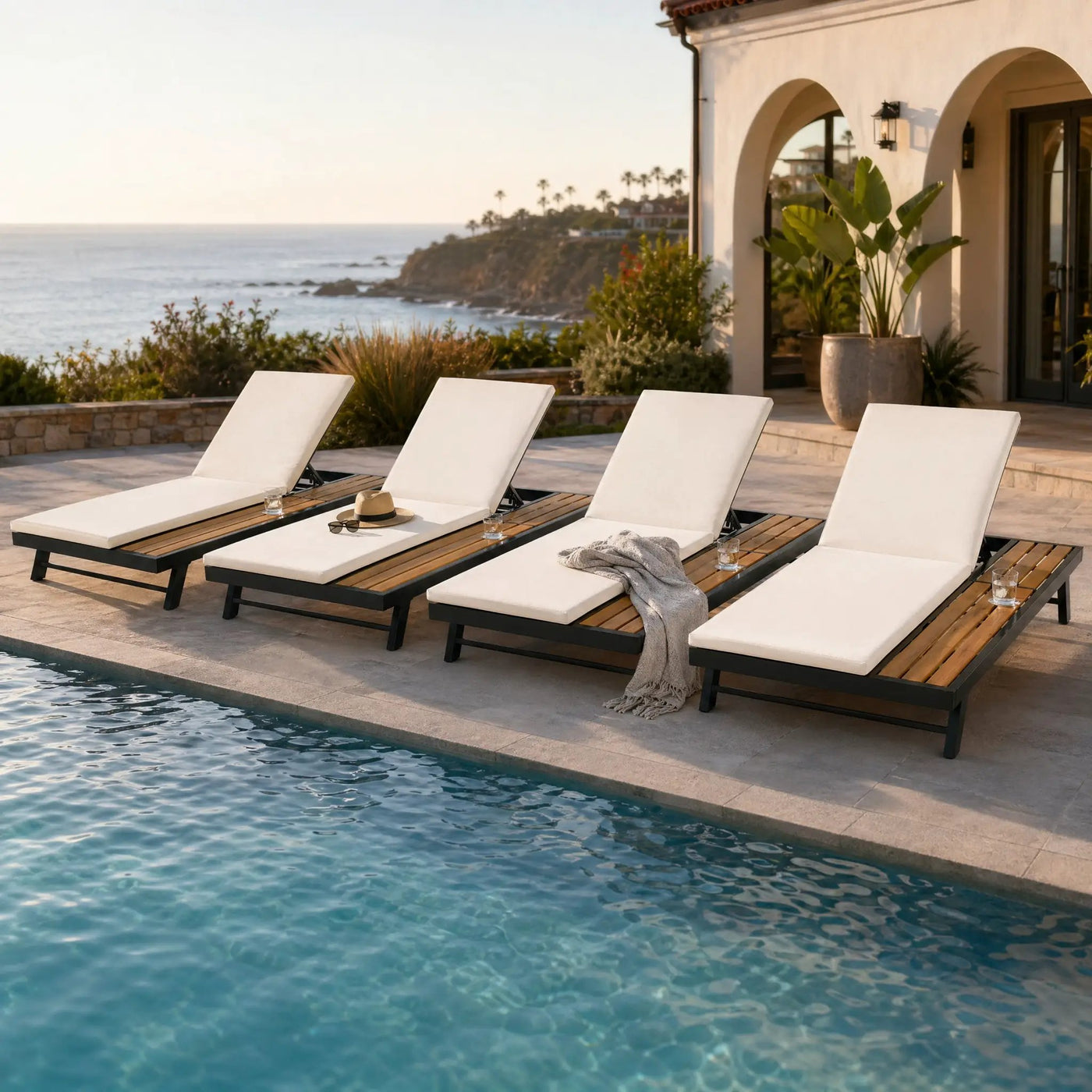 Black Iron and Teak Finish Outdoor Chaise Lounge Set by HouseOfZazla
