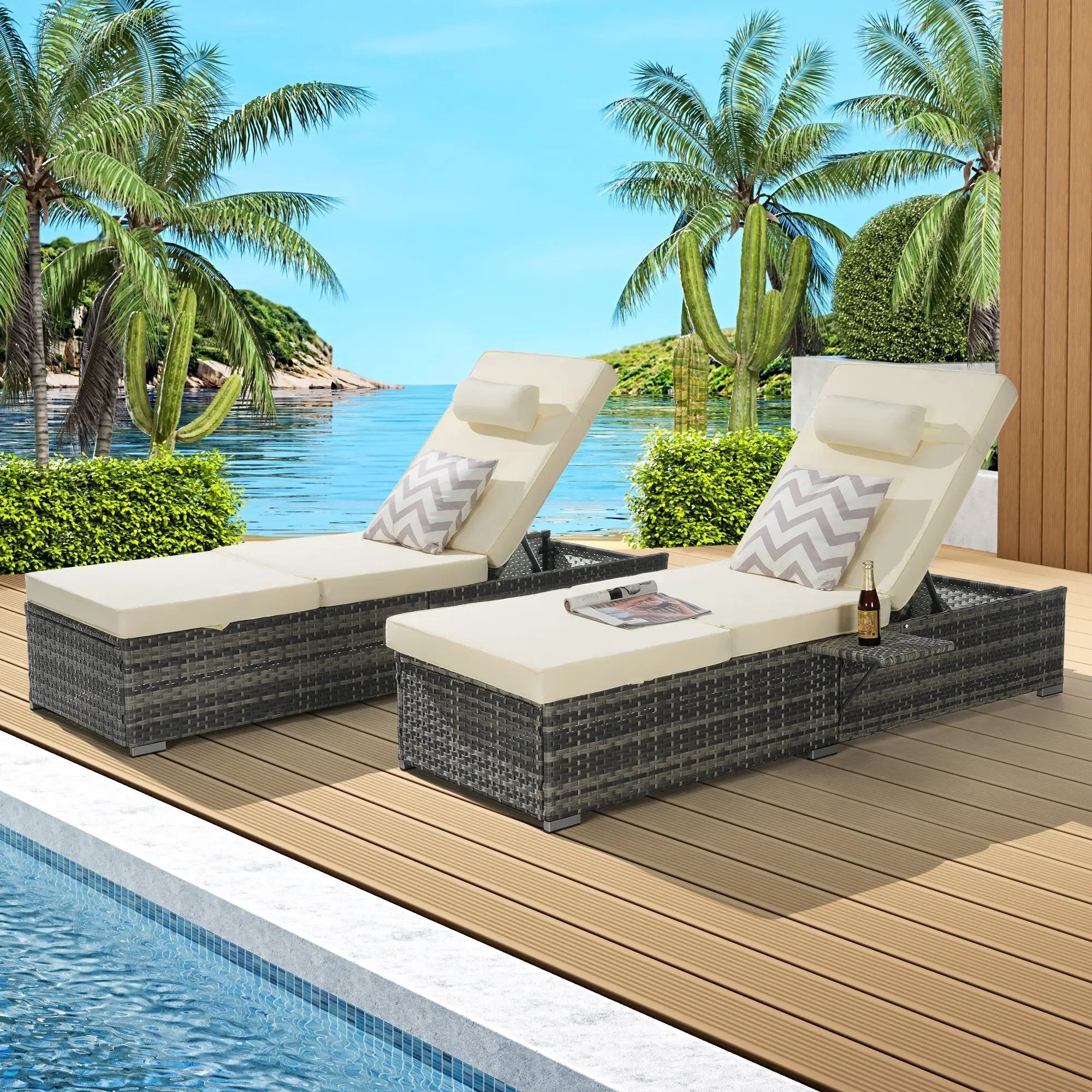 Outdoor Chaise Lounge Chair Set of 2 with Storage and Cushions by HouseOfZazla